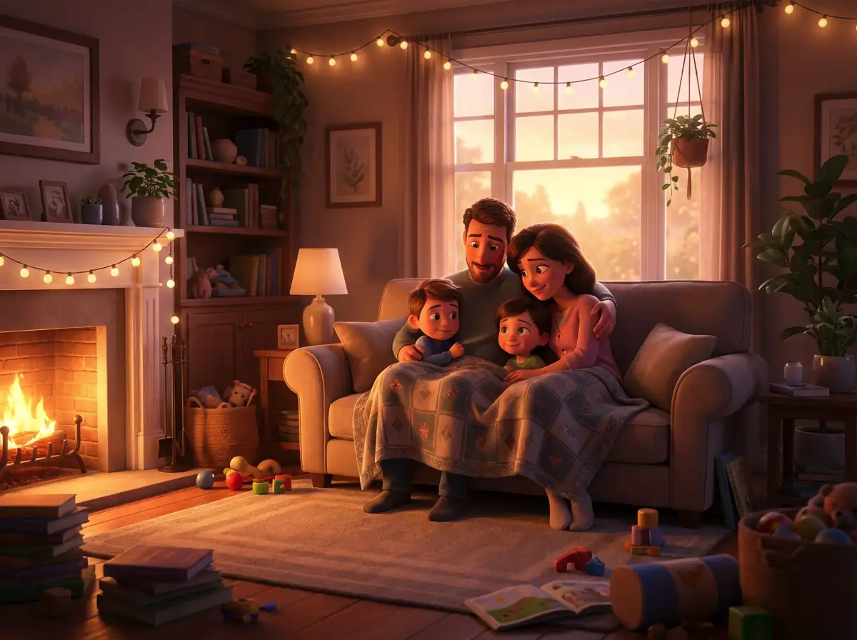 Pixar-inspired cozy family scene in a living room, warm ambient lighting, soft shadows, emotional storytelling composition