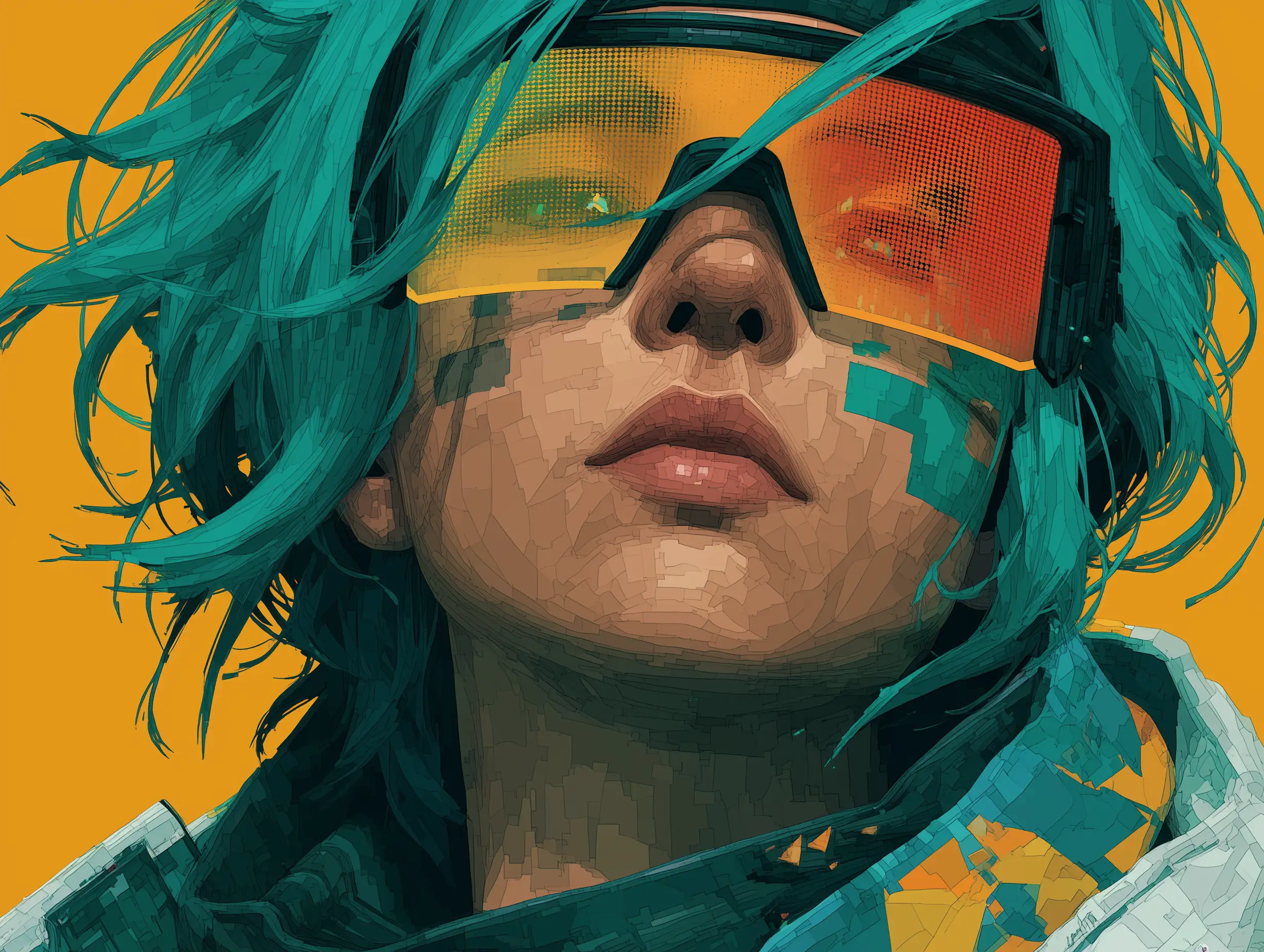 Neon-lit pixel hacker with teal hair and visor glasses, glowing hologram UI, cyberpunk palette, 8-bit texture with 16-bit shading 