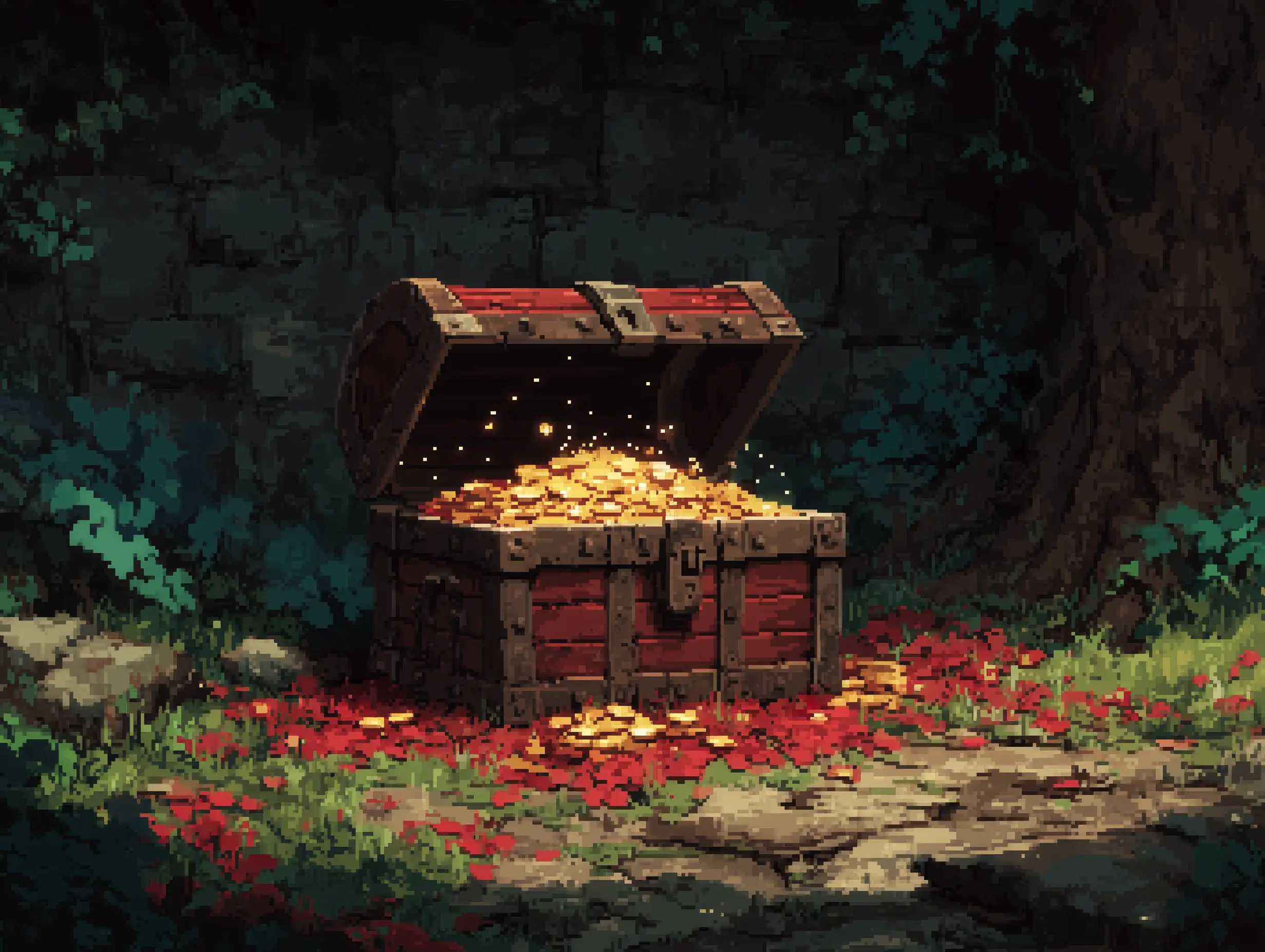 Glowing pixel treasure chest with gold coins spilling out, sparkle animations, classic dungeon crawler item design, vibrant pixel highlights