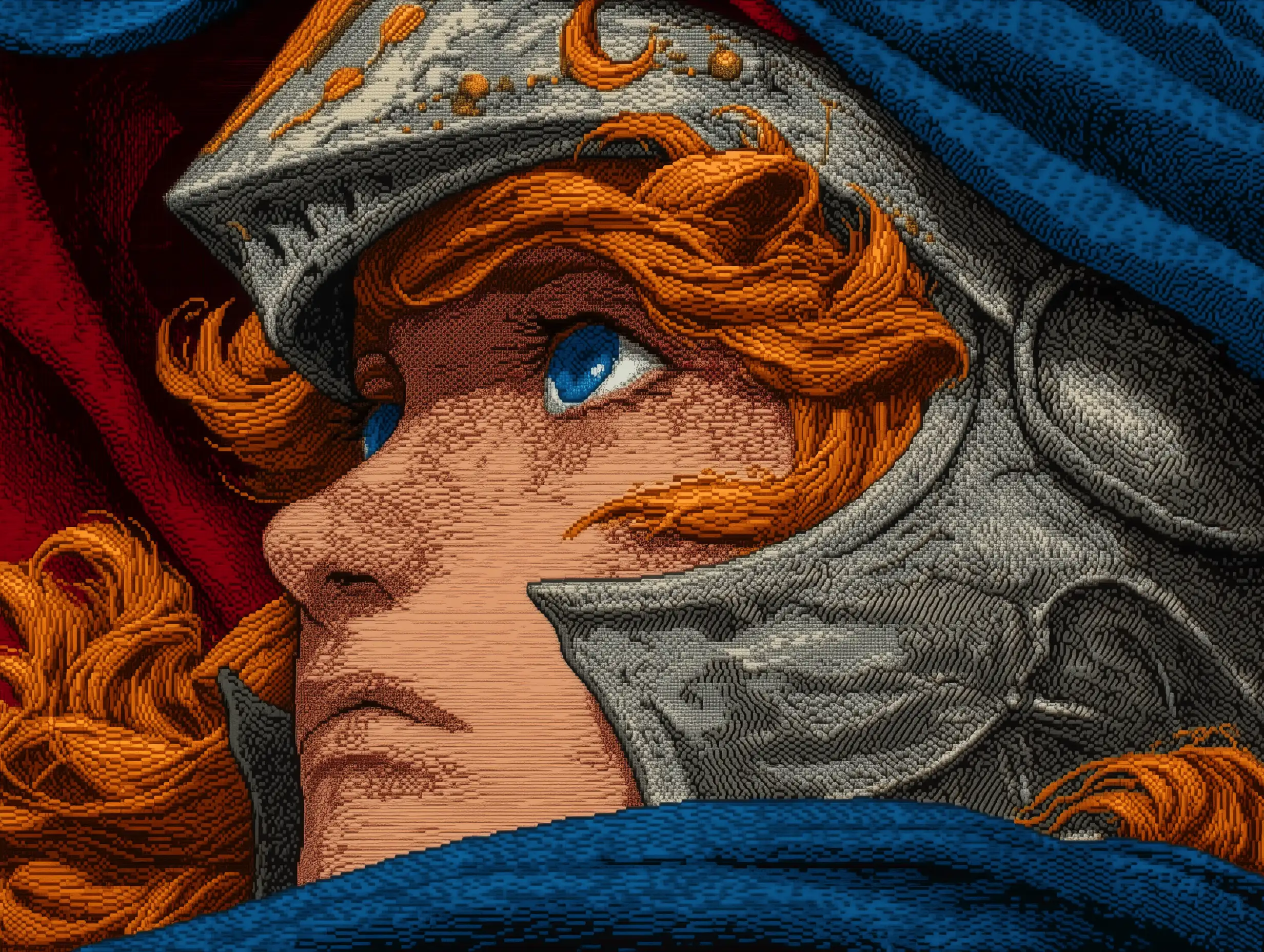 16-bit pixel knight portrait, silver armor, blue cape, golden light reflections, detailed shading, SNES RPG style, crisp pixel edges 
