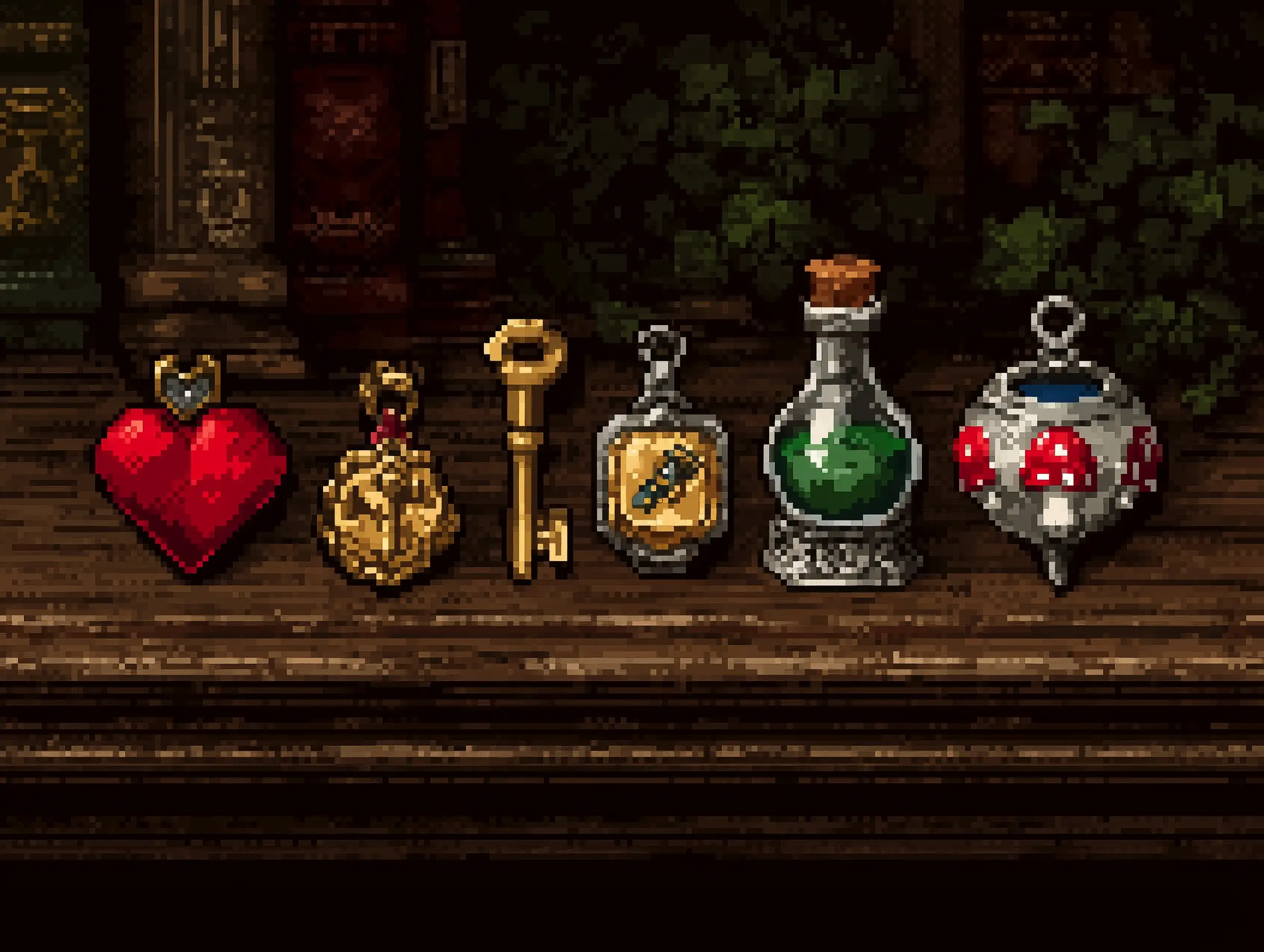  A set of pixel art UI icons including hearts, coins, potions, and keys, clean outlines, classic HUD style