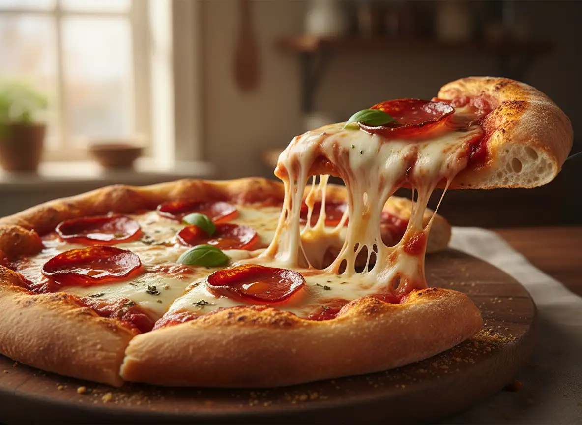 Freshly baked pizza with melted cheese, golden crust, rich tomato sauce, realistic food photography, warm lighting, delicious and appetizing