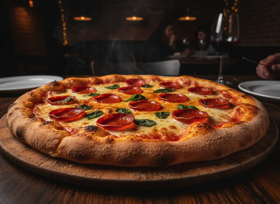 Realistic pepperoni pizza with bubbling cheese, crisp crust, warm restaurant lighting, professional food photography
