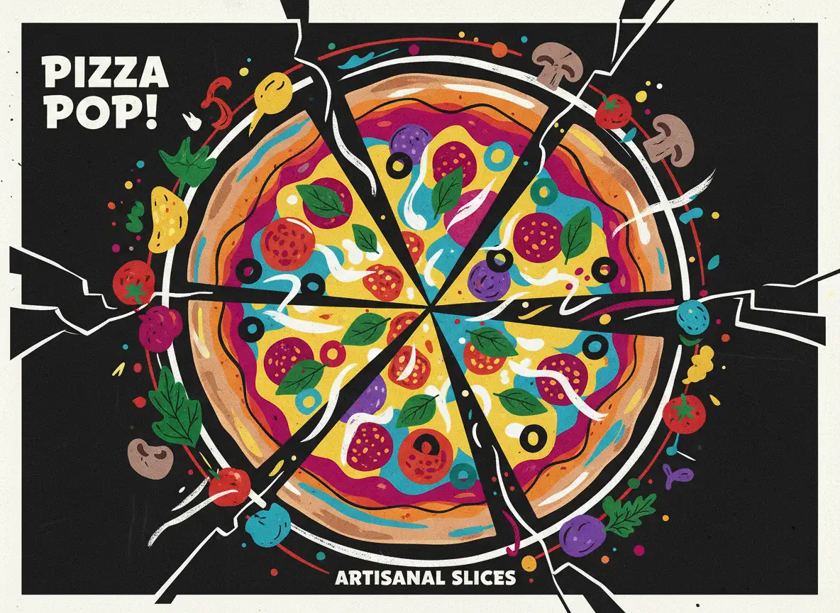 Minimalist pizza illustration with clean shapes, flat colors, modern design style