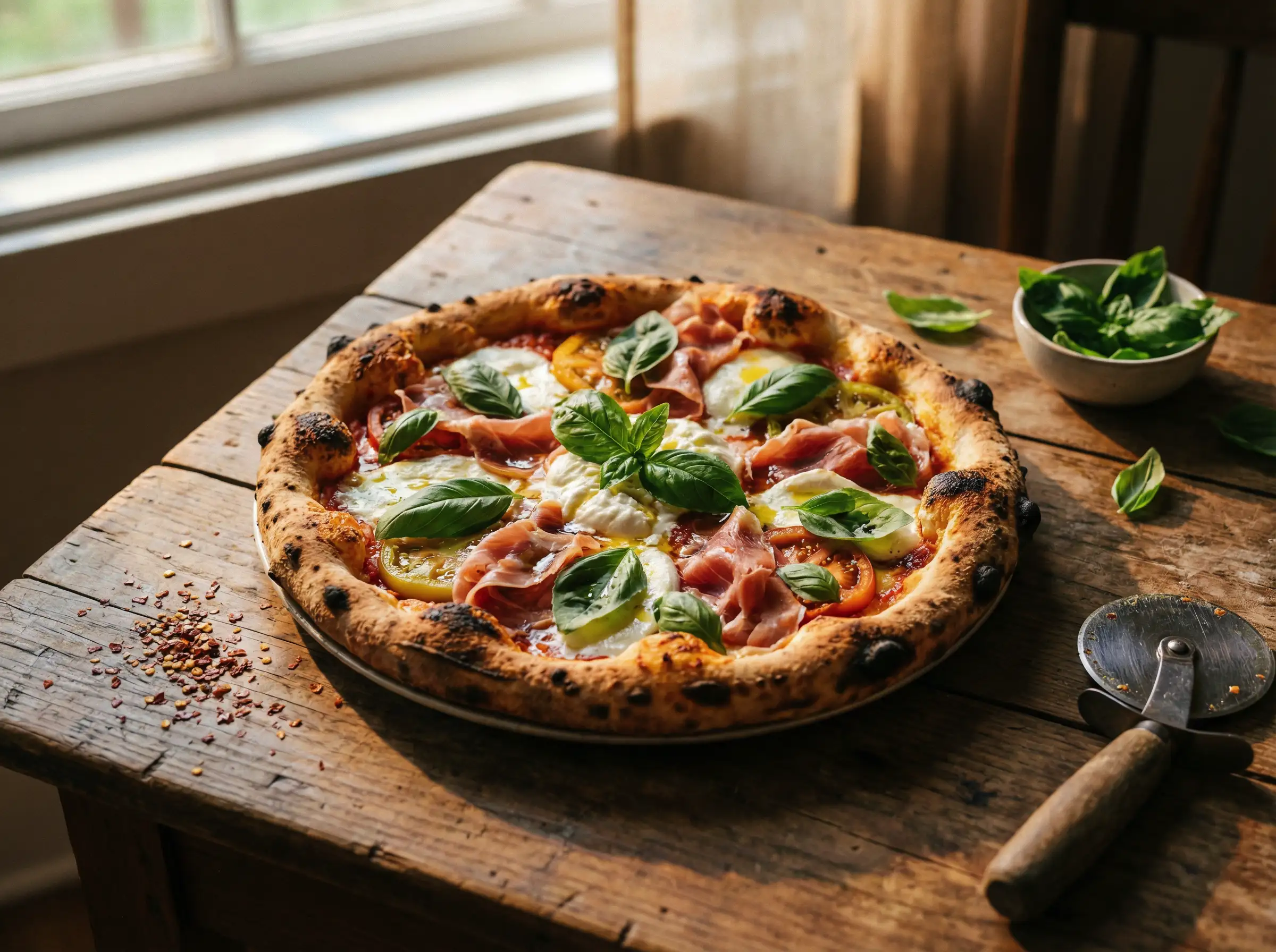 Artistic gourmet pizza presentation with fresh basil, wooden table background, cinematic food styling