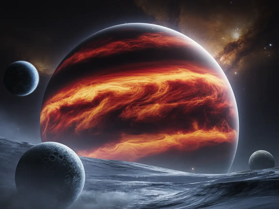 A massive gas giant with glowing orange clouds and swirling storms, surrounded by icy moons and distant stars.