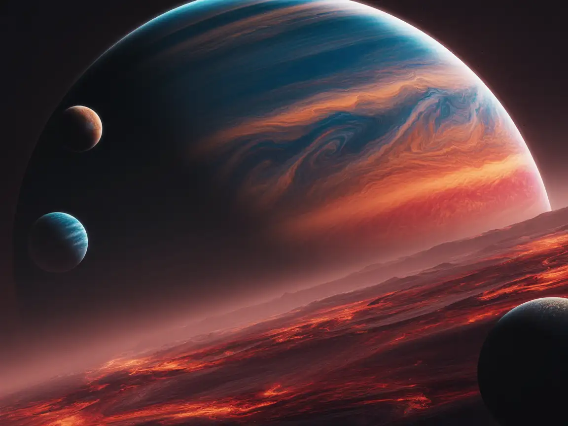 A gas giant with vibrant orange and blue storm bands surrounded by multiple moons