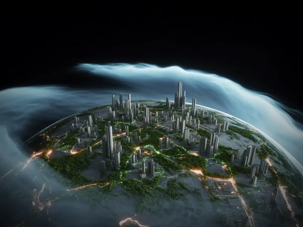 A futuristic city-covered planet with glowing lights visible from orbit