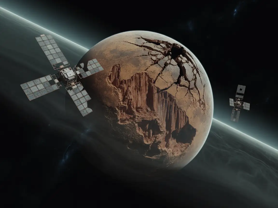 A decaying post-apocalyptic planet with broken satellites orbiting it