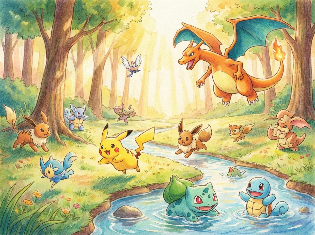 A bright, hand‑illustrated Pokémon wallpaper with natural lighting, soft shadows, vivid color blending, and a warm outdoor atmosphere featuring iconic Pokémon in motion