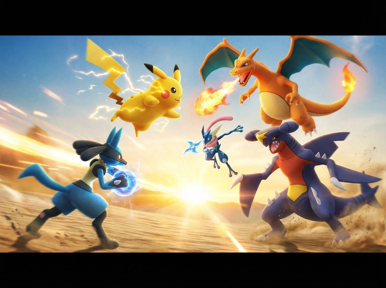 A dynamic action wallpaper featuring energetic Pokémon in motion, warm highlights, and clean cinematic framing
