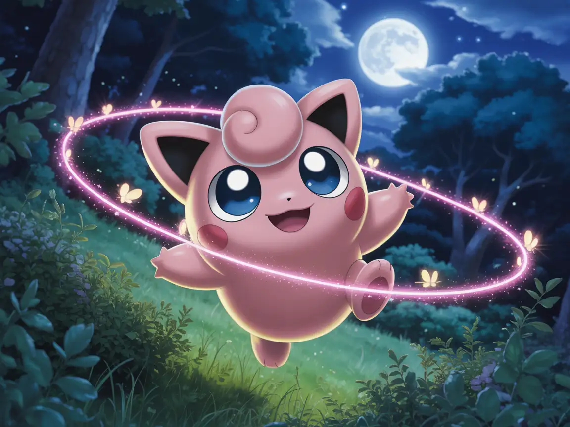 A Jigglypuff singing under the moonlight, surrounded by glowing fireflies.