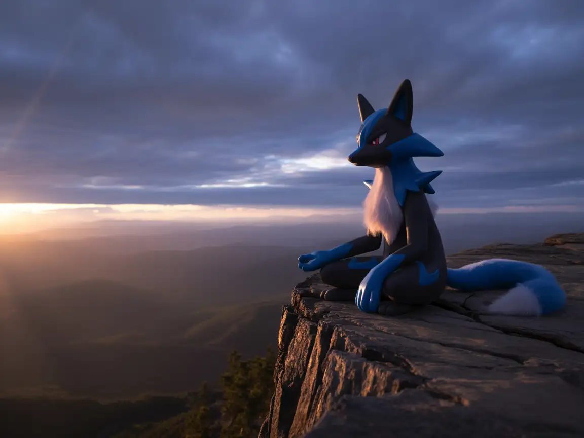 A Lucario meditating on a mountain cliff at dawn, dramatic clouds and lens flare.