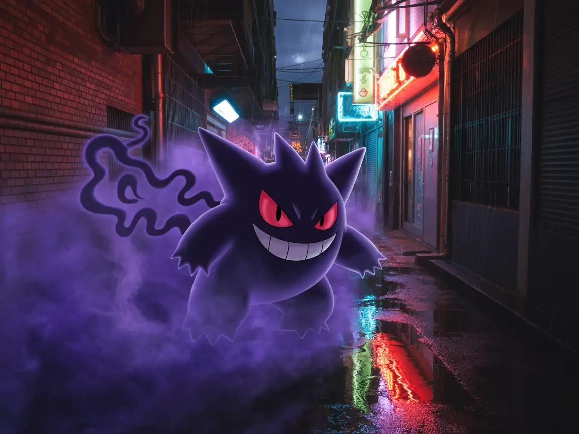 A Gengar emerging from purple smoke in a dark alley, neon reflections on wet ground.