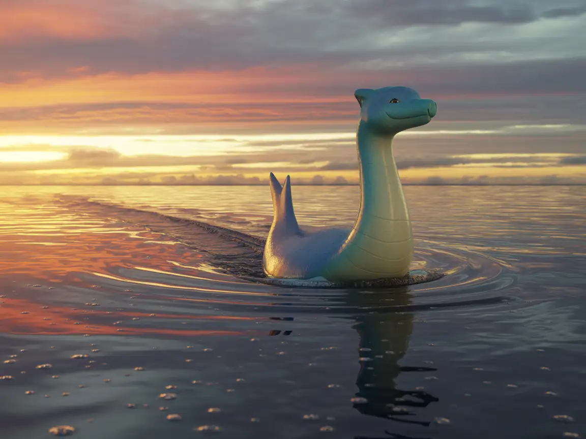A Lapras gliding through a calm ocean at sunset, golden hour tones, cinematic composition.