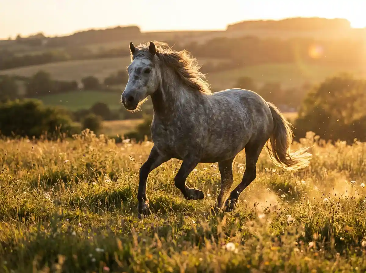 A majestic wild pony running across a sunlit meadow, realistic fur texture, dynamic motion, cinematic lighting.
