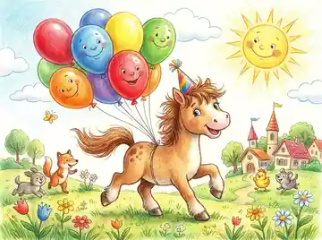 Cartoon pony smiling with balloons, playful and cheerful colors, children’s illustration