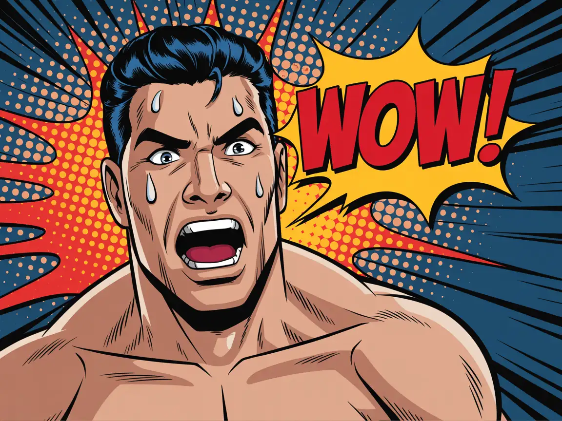 Man shouting “WOW!” in comic book style with exaggerated expression and speech bubble