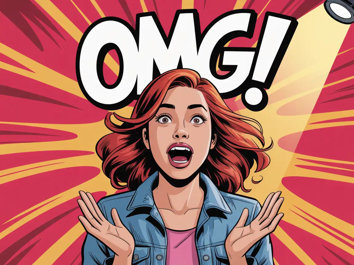 Woman surprised, wide eyes, with the word “OMG!” in dynamic comic font, colorful background