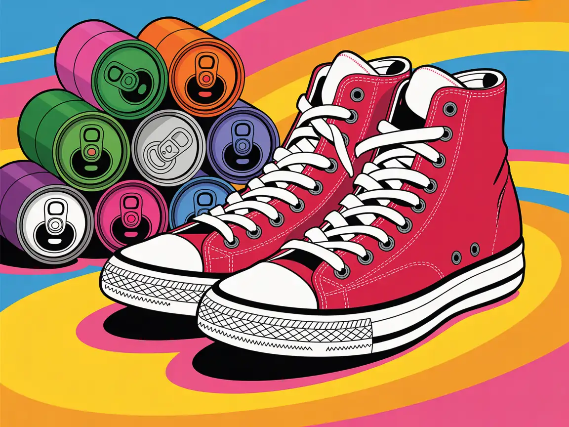 Pop art painting of sneakers and soda cans with thick black outlines and vivid color gradients