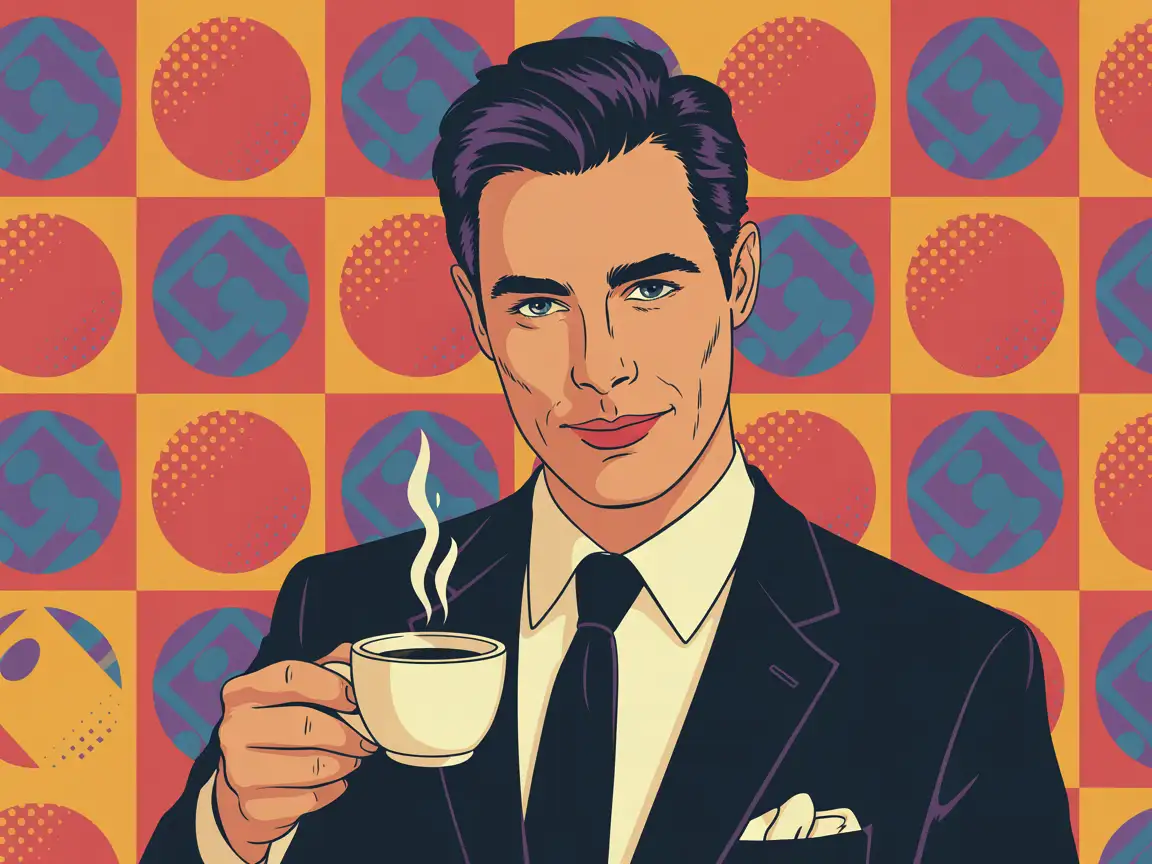 Stylized portrait of a man in a suit holding a coffee cup, minimal pop art background