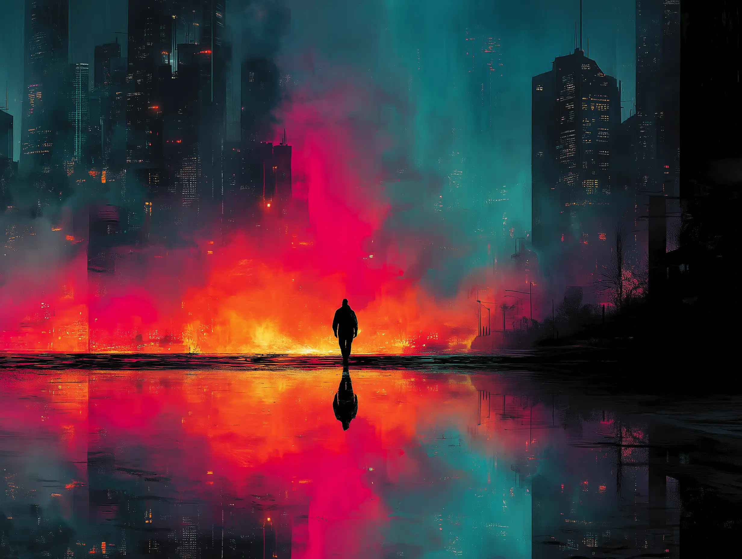 Cyberpunk poster with neon pink & teal lighting, futuristic city silhouette, glowing elements, strong center composition, high contrast, retro-synth style