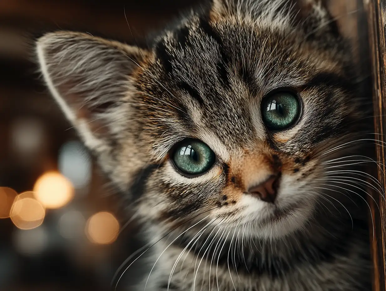 Cute baby animal sitting in soft natural light, highly detailed fur texture, big expressive eyes, cinematic shallow depth of field, soft warm color palette, gentle rim lighting, glossy highlights, dreamy bokeh background, adorable and friendly expression