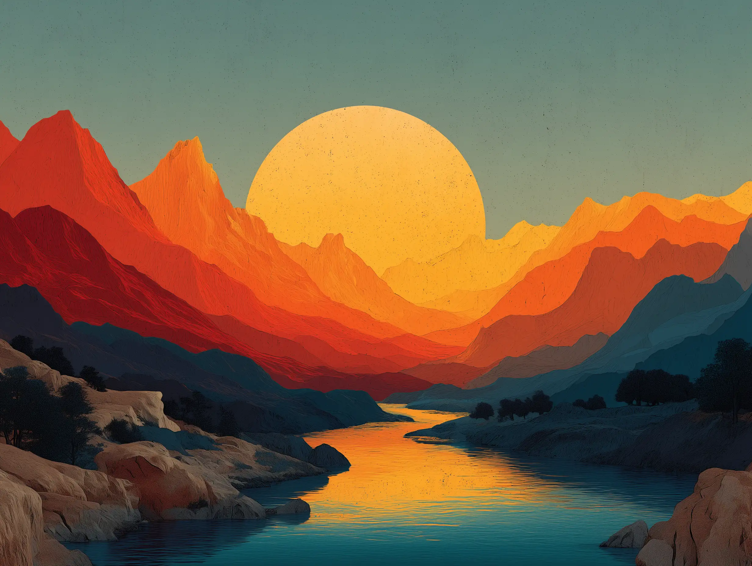 Retro travel poster, warm sunset gradient, stylized mountains and rivers, textured print feel, classic 1950s tourism style, bold headline space 