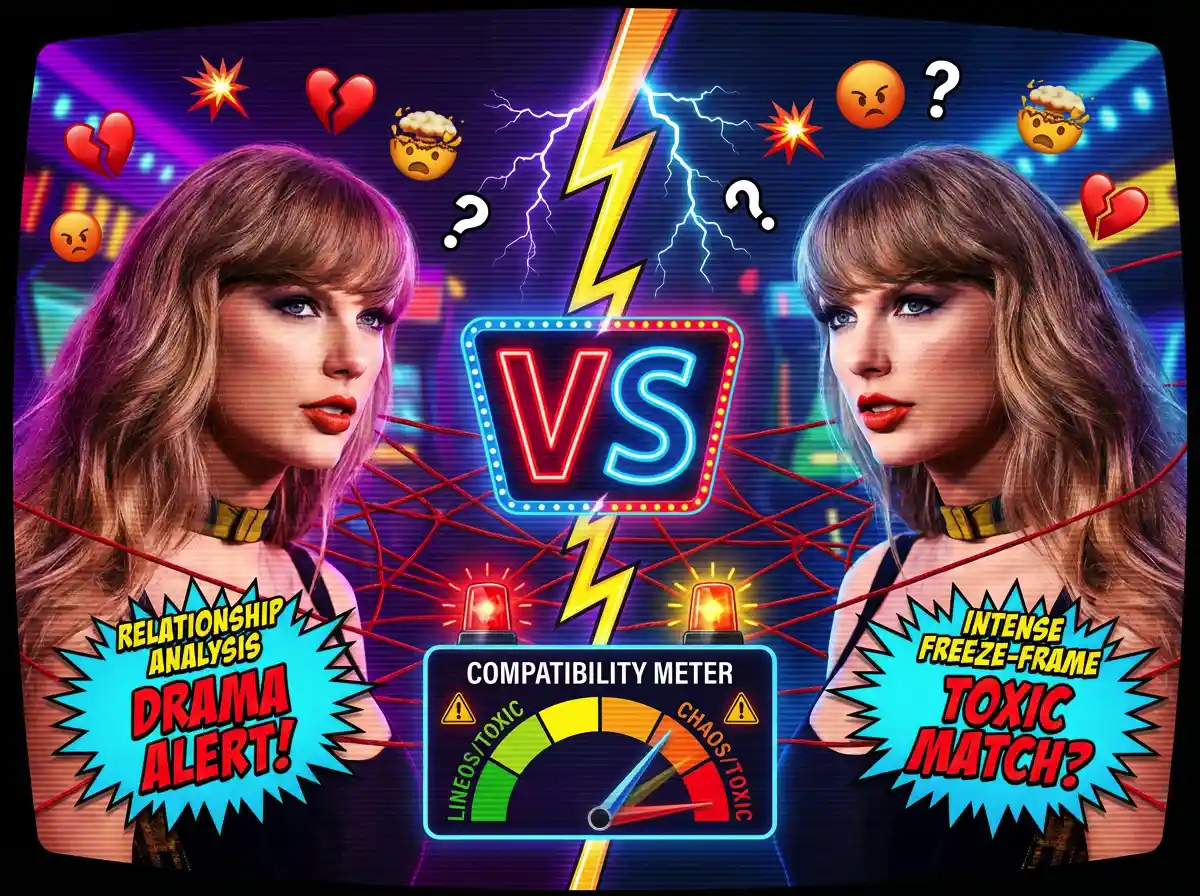 Image editing. Transform this photo of two people into a dramatic, exaggerated relationship analysis screen. Add a glowing neon arcade-style 'VS' sign or a 'Compatibility Meter' graphic between them. Add humorous visual effects like cartoonish lightning bolts, tangled red strings, or floating chaotic emojis. Make it look like a freeze-frame from an intense reality TV show with pop-up graphics. Vibrant colors.