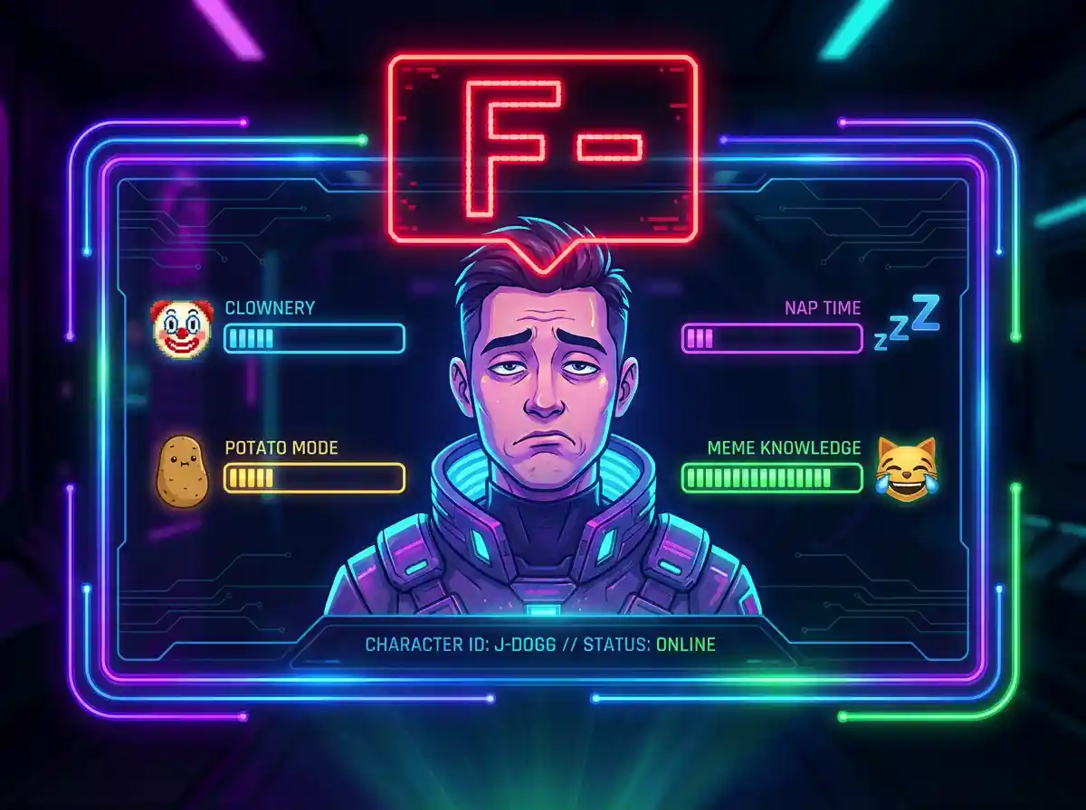 Image editing. Turn this portrait into a glowing, holographic futuristic video game ID card or RPG stat screen. Add a giant, glowing neon score like 'F-' or 'ERROR 404' floating prominently above their head. Add digital progress bars around them labeled with funny meme icons (like a clown face, a potato, a sleeping sign). Vibrant, comedic cyberpunk character selection screen vibe.