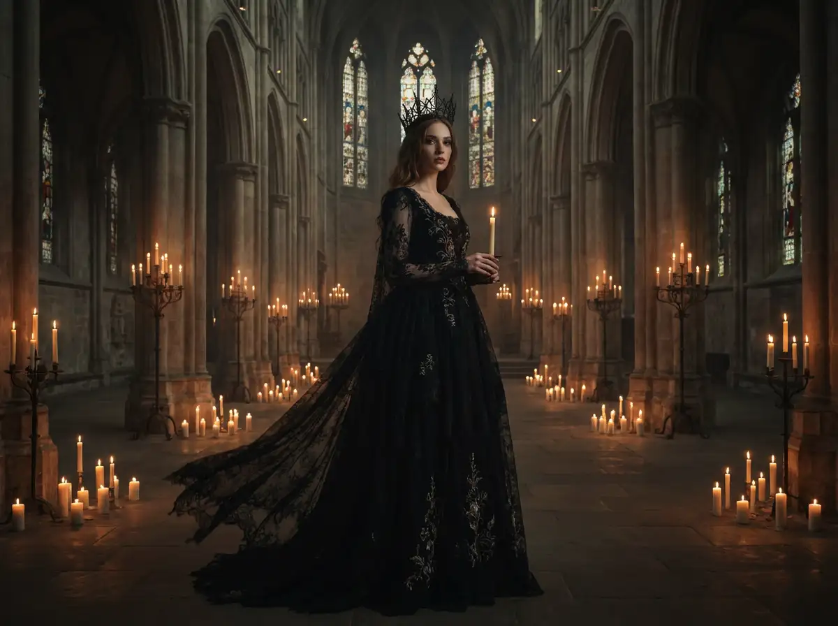 A dark fantasy princess wearing a black lace gown, gothic crown, candlelit cathedral background, cinematic fantasy art