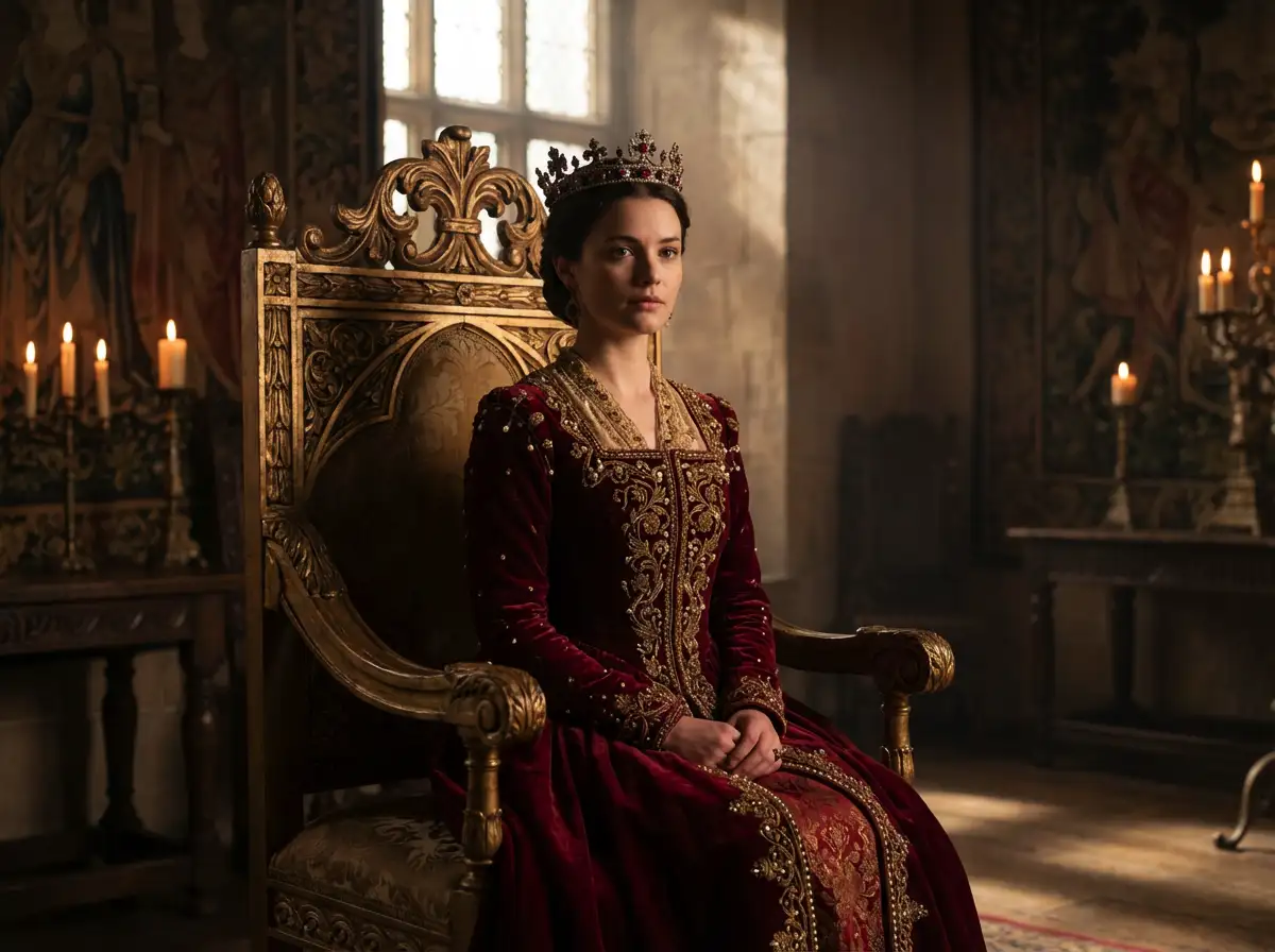 A royal princess seated on a golden throne, wearing an ornate crown and embroidered velvet gown, ultra-realistic, cinematic portrait lighting