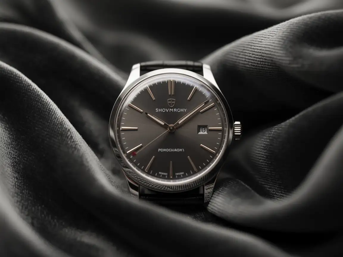 A luxury watch prominently displayed on dark velvet fabric. Focus on the watch dial, highlighting intricate details such as the hour markers, hands, and brand logo.