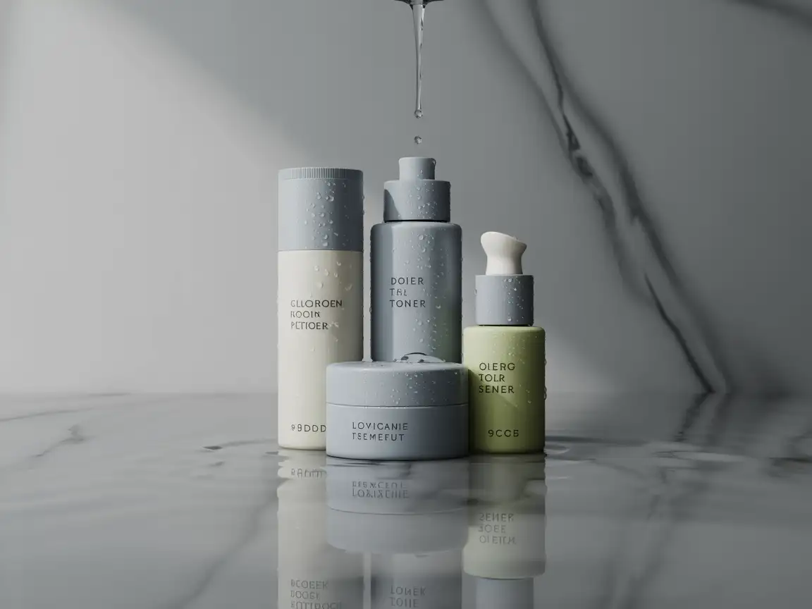 A skincare set featuring a lotion, toner, and serum displayed on a sleek marble surface, with subtle water droplets adding a refreshing touch.