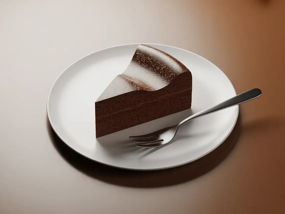 A slice of rich chocolate cake on a white ceramic plate, dusted with powdered sugar. A stainless steel fork placed next to the plate.