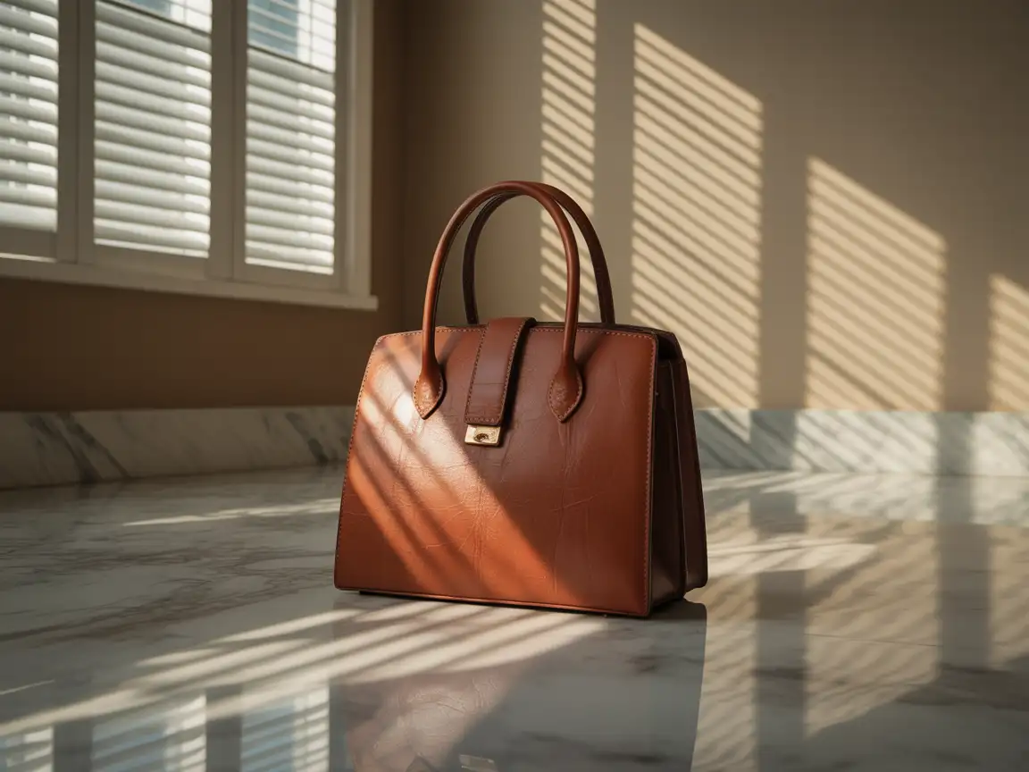 A luxurious leather handbag placed on a polished marble floor. 