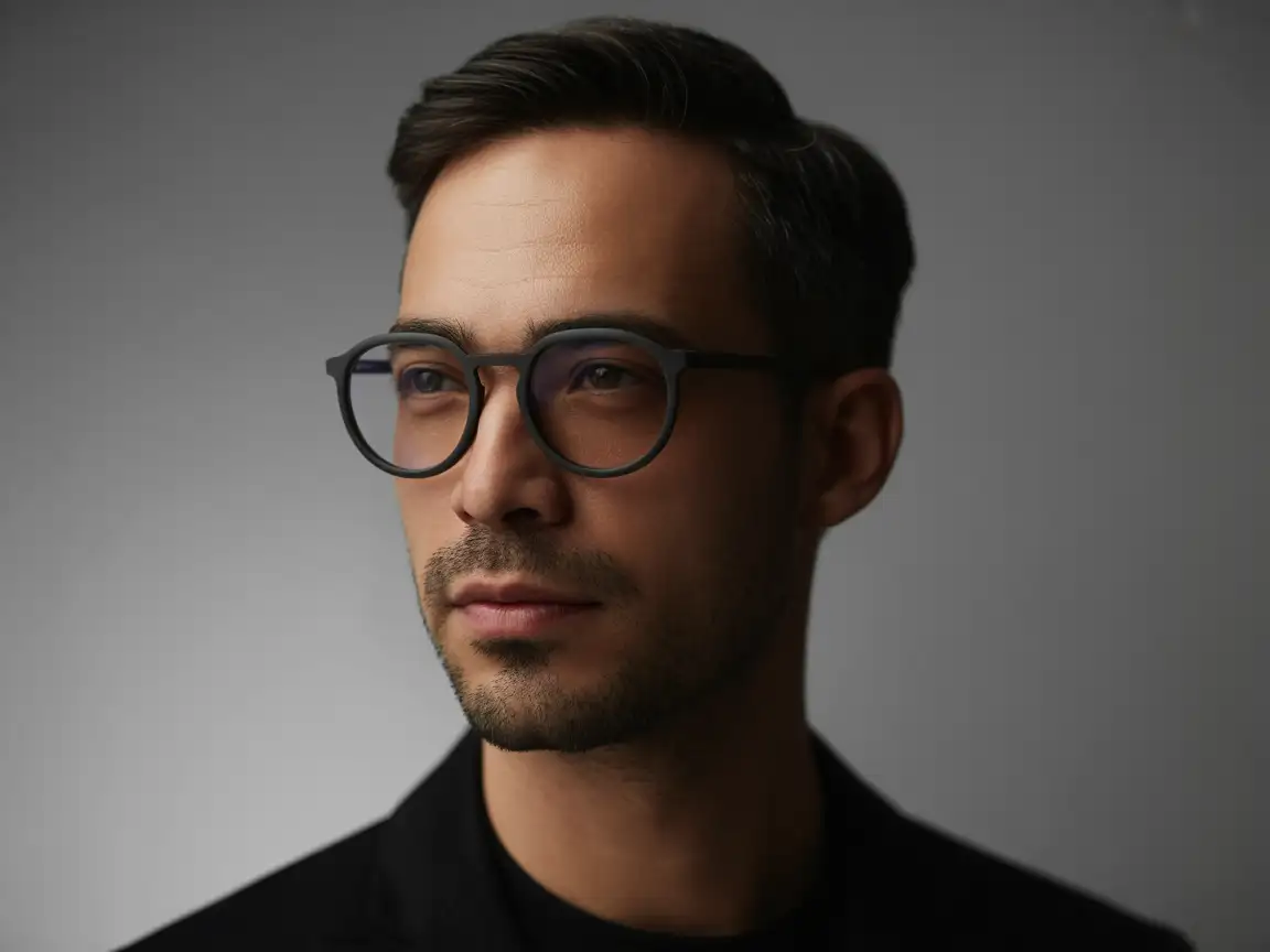 Clean minimalistic portrait of a man with glasses, soft rim light, gradient gray background, high-definition facial detail.