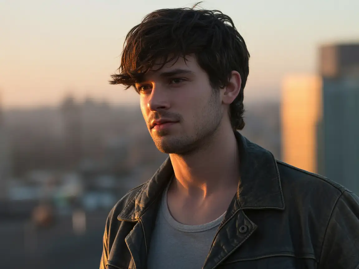 Creative profile image of a young man with messy hair, urban background blurred out, afternoon sunlight.