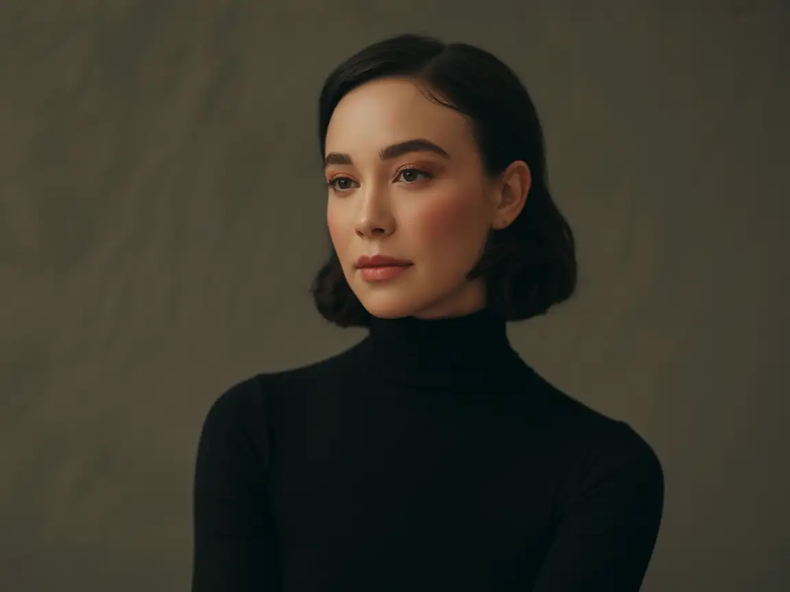Elegant portrait of a woman wearing a turtleneck, diffused lighting, minimal aesthetic styling, calm expression.