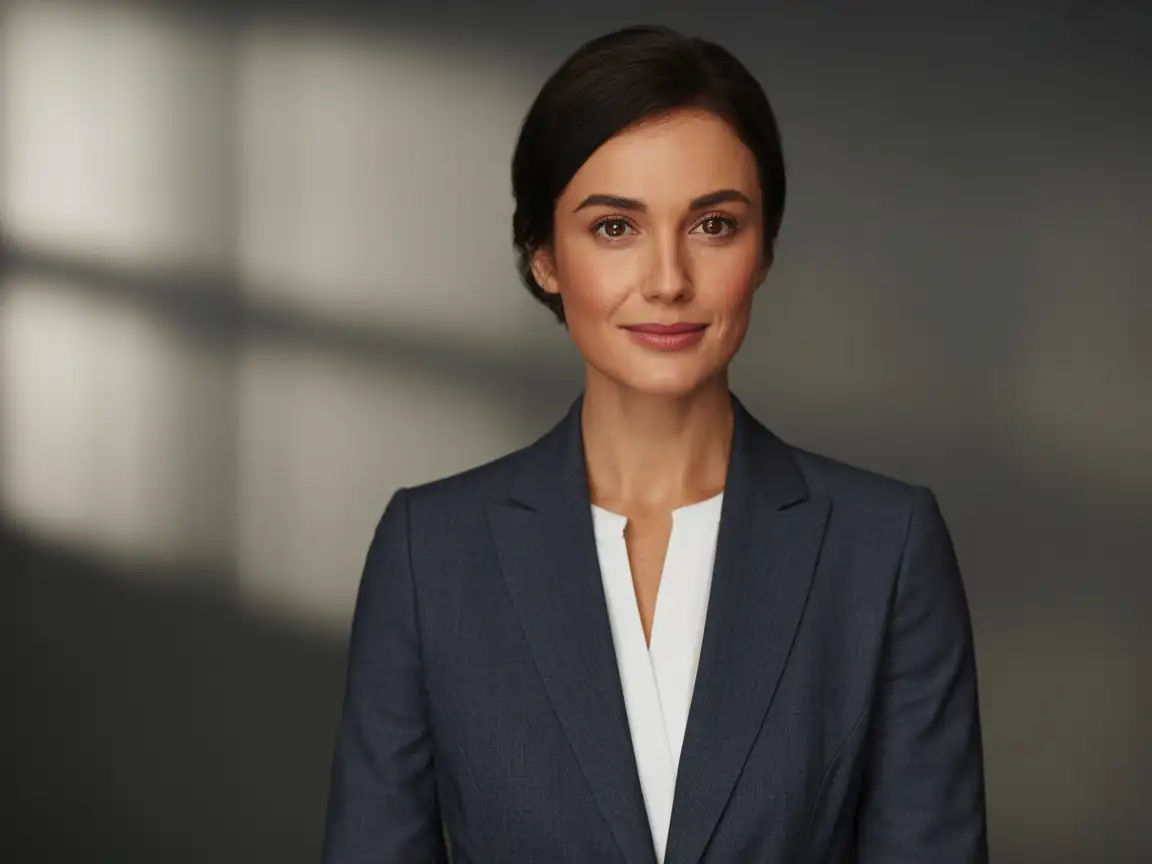 Ultra-clean LinkedIn-style headshot of a professional woman, blazer outfit, neutral background, sharp clarity.