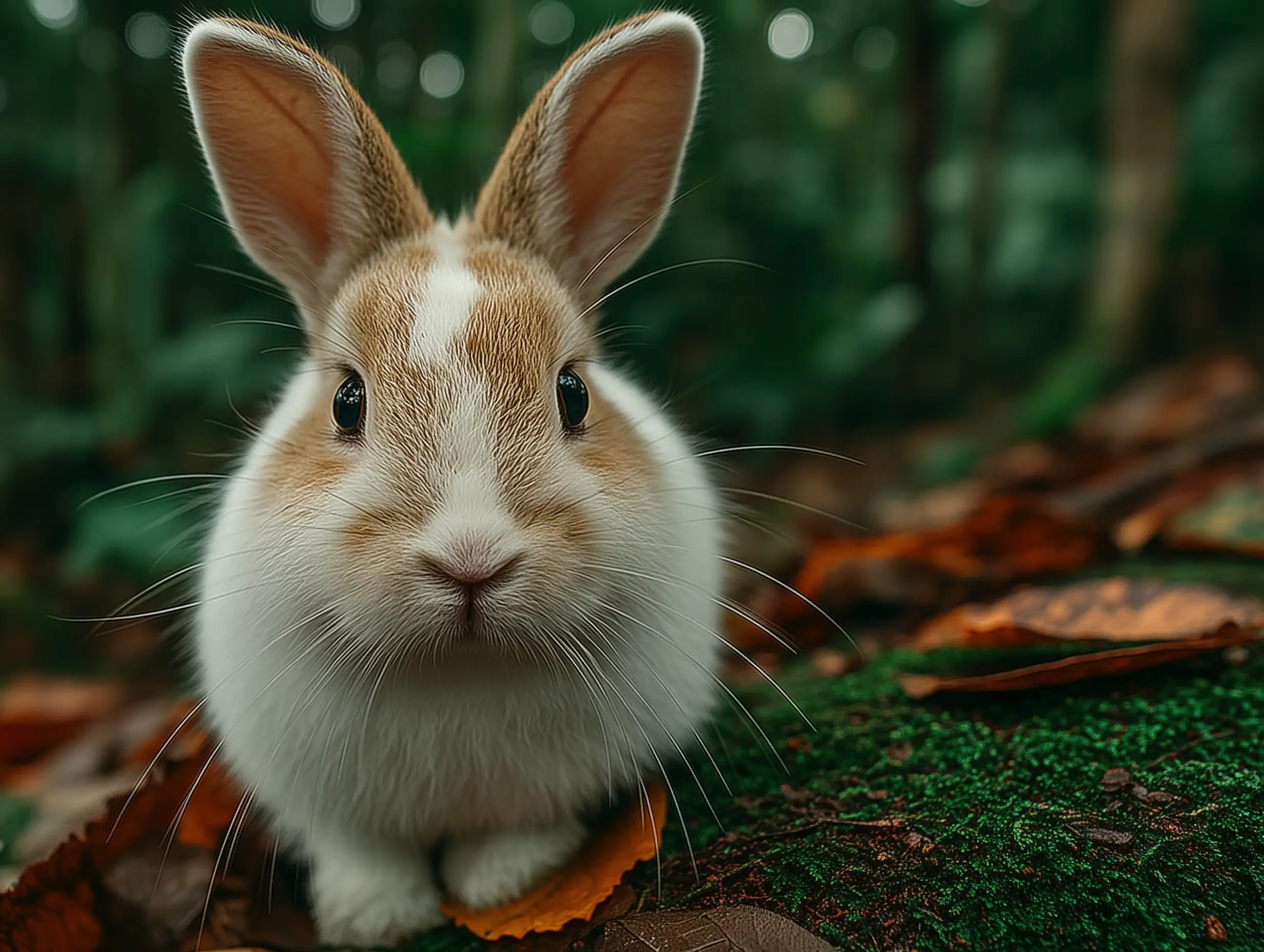 Photo réaliste d'un lapin blanc assis sur de l'herbe verte, lumière naturelle douce du jour, texture de fourrure détaillée, faible profondeur de champ, style photographie de la faune