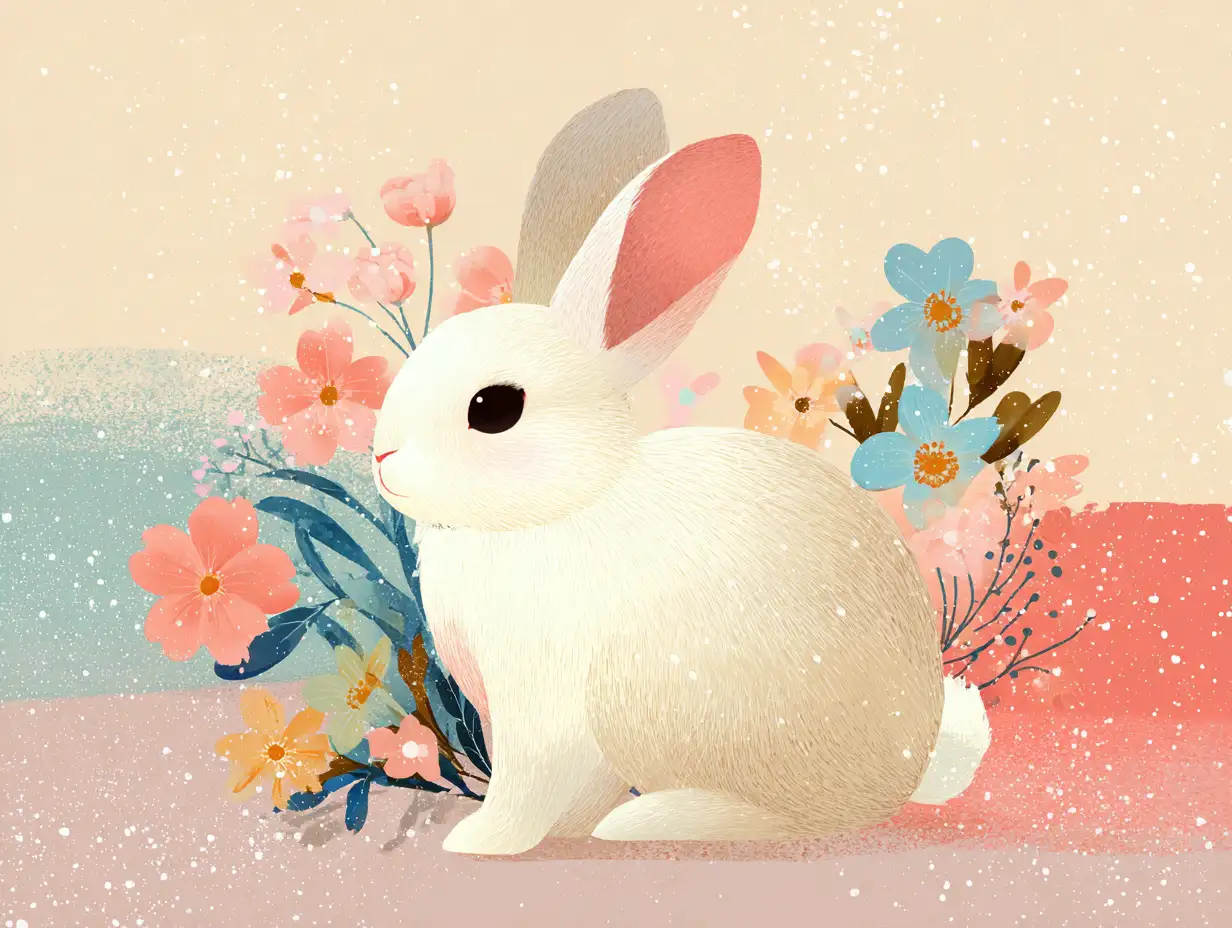 Illustration de lapin festif avec des fleurs de printemps et un arrière-plan pastel doux, ambiance saisonnière joyeuse, style illustration décorative épuré