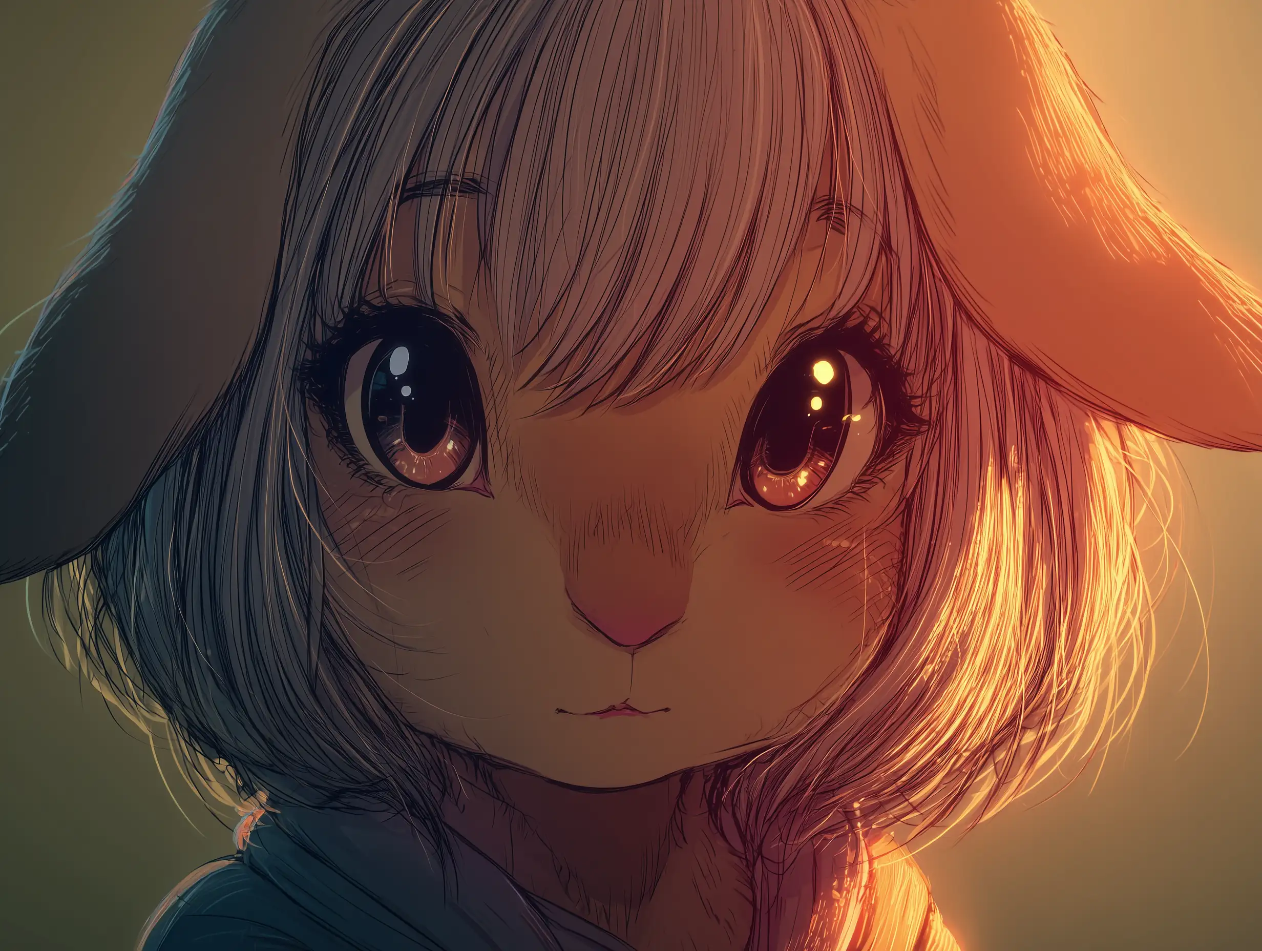 Personnage de lapin style anime avec des yeux expressifs, ombrage doux, éclairage doux, atmosphère mignonne et paisible, illustration anime de haute qualité