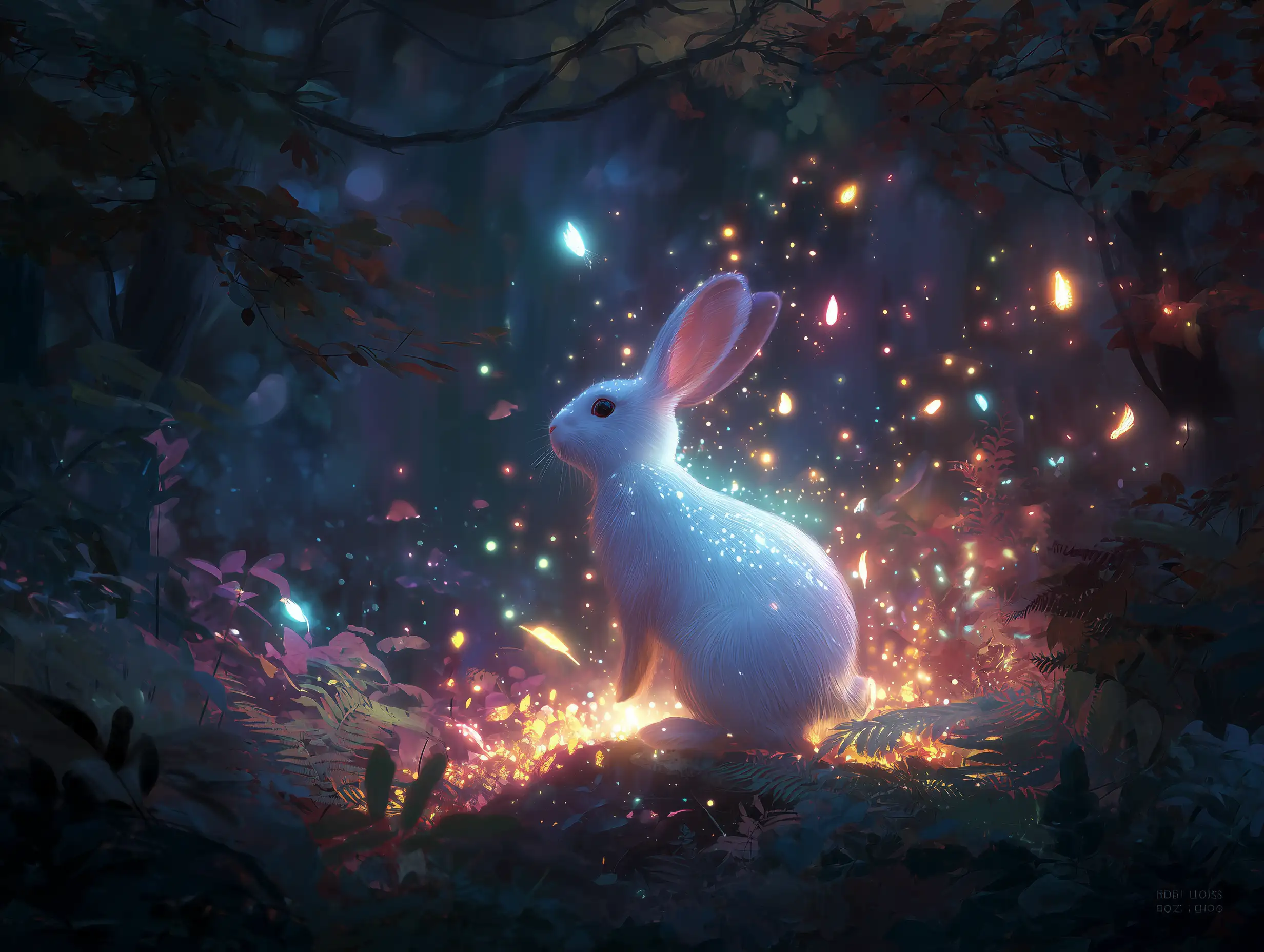 Lapin luminescent style fantasy dans une forêt magique, particules de lumière douce, couleurs mystiques, atmosphère onirique, art d'illustration fantasy