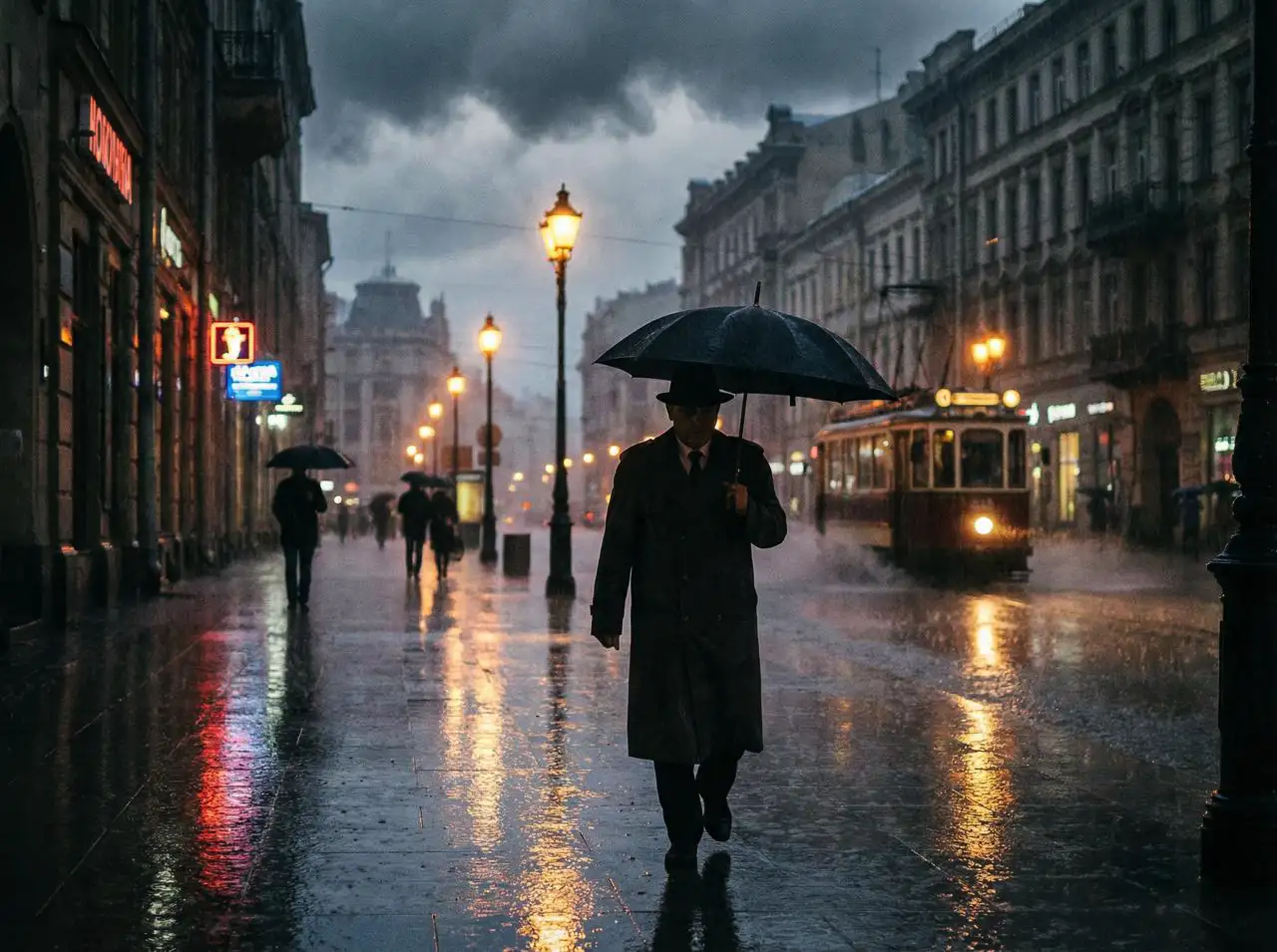 A lone figure walking along a city street in heavy rain, with umbrellas held high, glowing streetlights reflecting on the wet pavement, and misty clouds overhead.