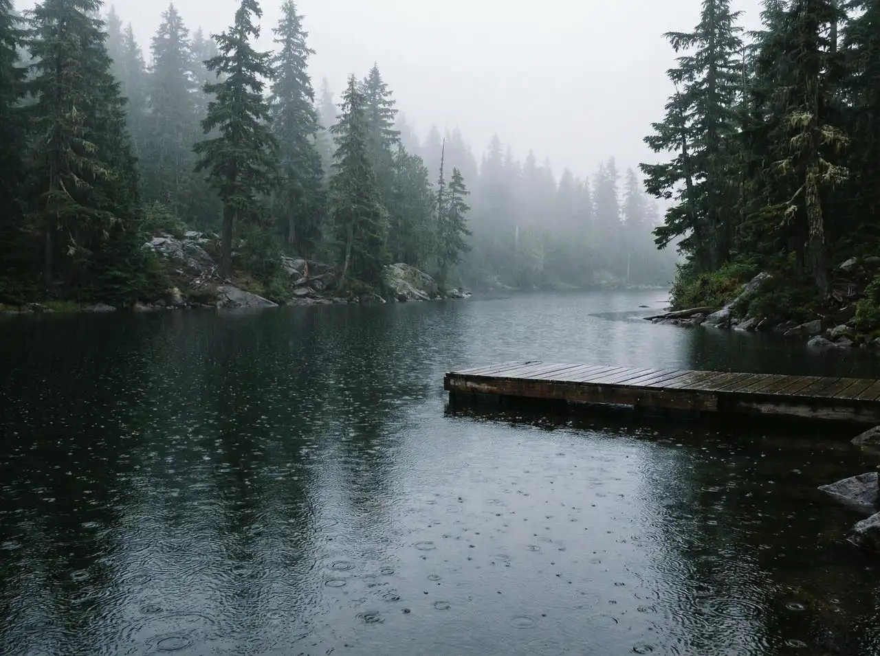 A foggy mountain lake surrounded by pine trees, with raindrops falling on the water’s surface, creating ripples that expand outward.