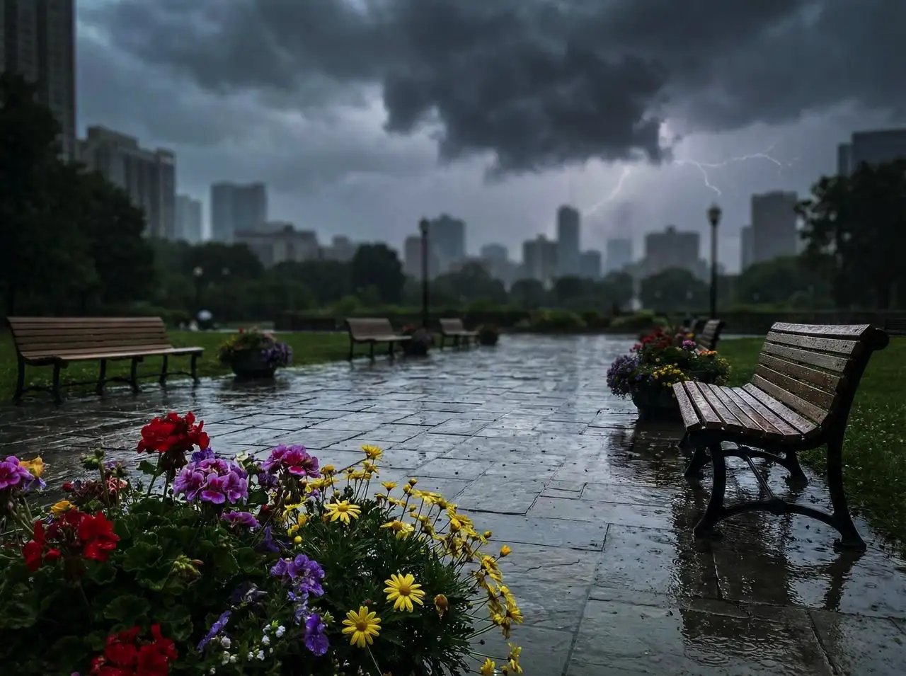 A city park with benches and walking paths covered in rainwater, flowers drenched but still vibrant, and a distant thunderstorm brewing.