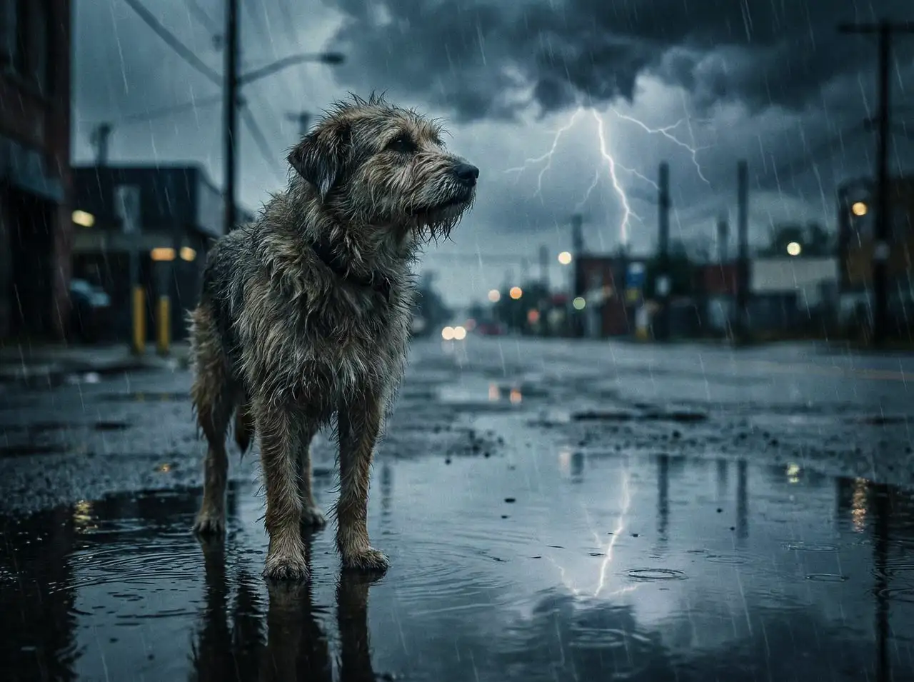 A lone dog standing in the rain, looking up at the dark sky, with small puddles at its feet reflecting the storm above.