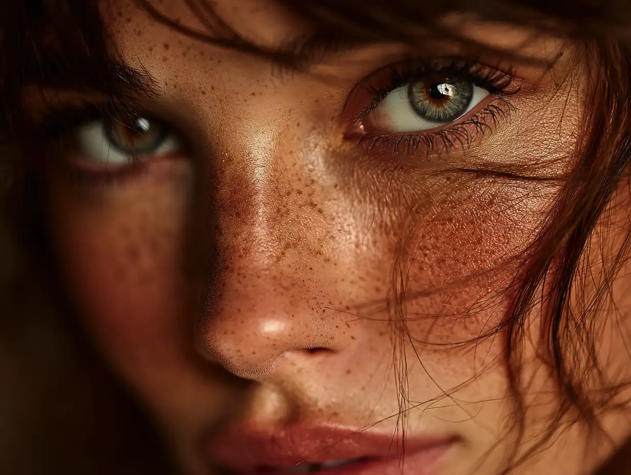 Ultra-realistic portrait of a woman in natural soft daylight, visible skin pores, subtle peach fuzz, crisp reflections in the eyes, shallow depth of field, clean background bokeh, 50mm lens photography