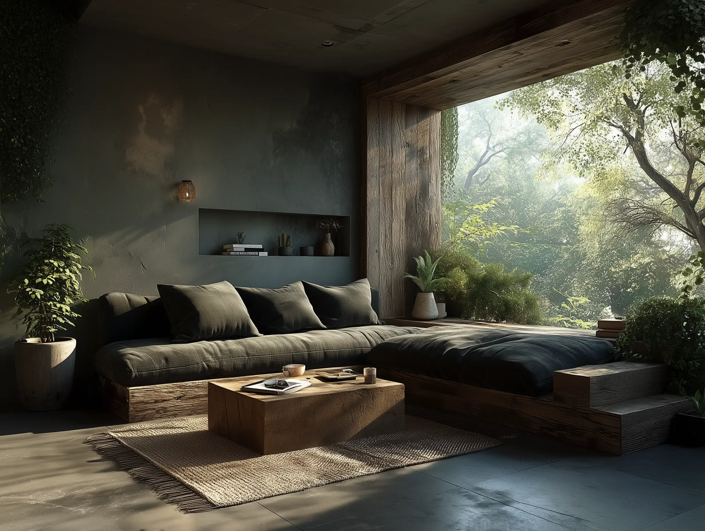Photorealistic interior of a minimalist living room, accurate material details on wood and fabric, global illumination, soft shadows, natural window light, physically accurate rendering
